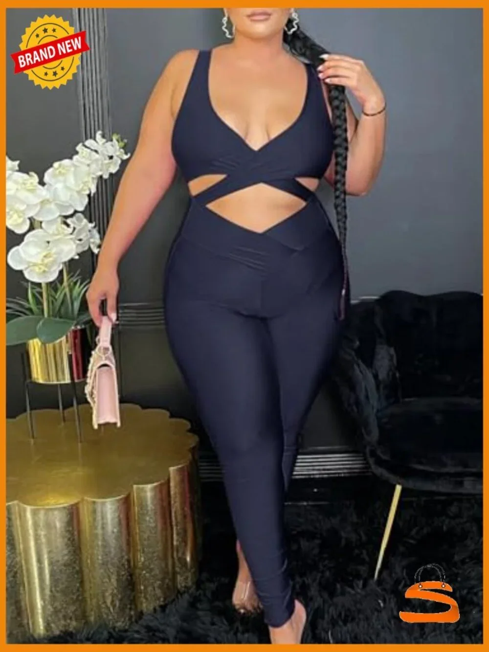 Cut Out Bodycon Jumpsuit Sleeveless Deep V Neck Zip Back Clubwear